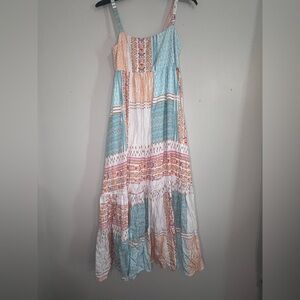 Millibon Boho Patchwork Midi Dress Spaghetti Strap Flowy